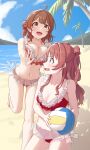  2girls absurdres ahoge ball beach bikini blue_eyes breasts brown_eyes brown_hair cleavage commentary_request day gakuen_idolmaster hanami_saki hanami_ume heart highres holding idolmaster long_hair looking_at_another medium_breasts multiple_girls navel nedo645685229 open_mouth outdoors palm_tree red_bikini siblings sisters stomach swimsuit teeth tree volleyball_(object) 