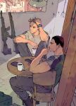  2boys arm_up ashtray beard_stubble black_boots boots chair chris_redfield cigarette closed_mouth coffee coffee_mug commentary cup elbow_on_knee english_commentary facial_hair frown grey_pants gun hand_in_own_hair highres holding holding_cup indoors lanimalu looking_to_the_side male_focus mug multiple_boys pants phone piers_nivans resident_evil resident_evil_6 s.t.a.r.s._uniform shirt short_hair short_sleeves sideways_glance sitting smoking steam stubble t-shirt table very_short_hair watch weapon wristwatch 