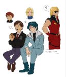  1girl 5boys ? aeug amuro_ray beltorchika_irma black_gloves black_jacket black_shoes blonde_hair blue_hair boots brown_hair char_aznable gloves gundam highres jacket kamille_bidan katz_howan military_uniform multiple_boys napp pants quattro_bajeena science_fiction shoes simple_background sleeveless socks speech_bubble spoken_question_mark sunglasses thought_bubble zeta_gundam 