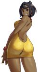  1girl alternate_costume ass backless_dress backless_outfit bare_shoulders black_hair bracelet breasts cowboy_shot dark-skinned_female dark_skin diamond_earrings dress earrings english_commentary from_behind gold_dress jewelry lipstick looking_at_viewer looking_back makeup medium_breasts necklace olivia_(pokemon) pokemon pokemon_sun_and_moon shiny_skin short_hair simple_background smile solo thighs wanderjegson white_background 