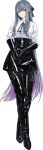  1girl absurdres black_gloves black_skirt black_thighhighs boots commentary crossed_legs full_body gloves gradient_hair grey_hair hair_ribbon highres kotonoha_aoi leather leather_boots leather_gloves leather_skirt long_hair looking_at_viewer multicolored_hair nashi_(tw_nasi) own_hands_together pantyhose purple_hair red_eyes ribbon shiny_clothes shirt skirt solo standing thigh_boots thighhighs two-tone_hair very_long_hair voiceroid watson_cross white_shirt 