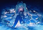  1girl absurdly_long_hair amagi_hana aqua_hair blue_jacket blue_skirt blue_thighhighs braid braided_hair_rings breasts closed_eyes commentary_request crop_top earrings hair_between_eyes hair_ornament hair_rings hatsune_miku heart heart_earrings highres jacket jewelry long_hair long_sleeves magical_mirai_(vocaloid) magical_mirai_miku magical_mirai_miku_(2025) medium_breasts official_alternate_costume official_alternate_hairstyle open_clothes open_jacket open_mouth shirt single_earring single_thighhigh sitting skirt sleeveless sleeveless_shirt smile solo star_(symbol) star_hair_ornament thighhighs twintails very_long_hair vocaloid water 