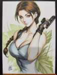  1girl blue_tank_top braid braided_ponytail breasts brown_eyes brown_gloves brown_hair cleavage closed_mouth collarbone commentary english_commentary fingerless_gloves gloves gun handgun highres holding holding_gun holding_weapon lara_croft large_breasts leaf looking_at_viewer marker_(medium) photo_(medium) picture_frame signature sketch solo stanley_lau tank_top tomb_raider traditional_media upper_body weapon 