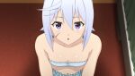  1girl anime_coloring bandeau blue_bandeau blue_shorts breasts chris_(konosuba) cleavage collarbone curtains diamond_earrings earrings frilled_bandeau frilled_shorts frills from_above game_asset grey_hair highres indoors jewelry kneeling kono_subarashii_sekai_ni_shukufuku_wo! kono_subarashii_sekai_ni_shukufuku_wo!_kono_yokubukai_game_ni_shinpan_o! looking_at_viewer looking_up midriff navel non-web_source official_art open_mouth purple_eyes scar scar_on_cheek scar_on_face self-datamine short_hair shorts side_ahoge sleepwear small_breasts solo triangle_mouth upper_body upwards_triangle_mouth variant_set 