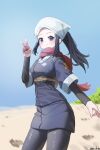  1girl absurdres akari_(pokemon) black_hair blue_kimono blue_pantyhose blush closed_mouth commentary_request eyelashes galaxy_team_survey_corps_uniform grey_eyes hand_up headscarf highres hisuian_poke_ball holding holding_poke_ball japanese_clothes kimono leggings light_blush long_hair looking_at_viewer obi outdoors pantyhose poke_ball pokemon pokemon_legends:_arceus ponytail pouch red_scarf sash scarf sidelocks skin_tight smile solo stonewhale0304 undershirt walking white_headscarf 