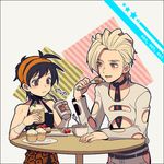  2boys :t ahoge androgynous black_hair blonde_hair crossdressing earrings eating english english_text food green_eyes hairband jewelry jojo_no_kimyou_na_bouken laphy male male_focus multiple_boys narancia_ghirga navel necktie open_clothes open_mouth open_shirt pannacotta_fugo pants purple_eyes shirt short_hair smile text tie torn_clothes trap vest 