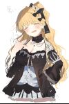  1girl arm_tattoo black_choker black_dress blonde_hair bow braid breasts choker cleavage closed_eyes cowboy_shot cross cross_earrings dress earrings fishnet_sleeves fishnets frilled_choker frilled_dress frilled_sleeves frills hair_bow highres jewelry katata long_hair long_sleeves mahou_shoujo_no_majo_saiban medium_breasts mole mole_under_eye ring saeki_miria simple_background sketch solo tattoo white_background 