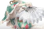  1girl absurdres argyle_clothes argyle_kimono arm_up cecilia_immergreen cecilia_immergreen_(new_year) commentary covered_mouth doll_joints folding_fan green_eyes green_hair green_kimono green_streaks grey_hair hair_bun hand_fan highres holding holding_fan hololive hololive_english japanese_clothes joints kimono lace-trimmed_kimono lace_trim looking_at_viewer multicolored_hair official_alternate_costume otomo_(cecilia_immergreen) print_fan print_kimono s16hhhhhh short_hair simple_background solo streaked_hair two-tone_hair upper_body virtual_youtuber white_background winding_key 