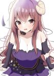  1girl absurdres alternate_costume arms_at_sides bare_shoulders blush breasts brown_eyes brown_hair cleavage collarbone commentary_request cowboy_shot crossed_bangs curled_horns demon_girl demon_horns demon_tail dress embarrassed eyes_visible_through_hair fangs frilled_dress frills furrowed_brow hair_between_eyes halloween_costume highres horns hosinonana large_breasts long_hair looking_at_viewer machikado_mazoku open_mouth print_dress purple_dress sidelocks simple_background sitting solo star_(symbol) star_print strapless strapless_dress sweatdrop tail very_long_hair white_background yoshida_yuuko 