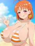  1girl absurdres ahoge alternate_breast_size_(larger) armpit_crease beach bikini blue_sky blurry blurry_background blush bow breasts collarbone commentary_request day eyelashes hair_bow hand_up highres huge_breasts large_variant_set looking_at_viewer love_live! love_live!_sunshine!! medium_hair micro_bikini migikoba orange_bikini orange_hair outdoors paid_reward_available pink_eyes sky smile solo striped_bikini striped_clothes swimsuit takami_chika upper_body variant_set yellow_background 