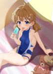  1girl absurdres ahoge beach_mat beach_umbrella blue_eyes blue_one-piece_swimsuit breasts brown_hair commentary_request competition_swimsuit feet_out_of_frame food halterneck highres idolmaster idolmaster_million_live! low_twintails one-piece_swimsuit popsicle sitting sleeveless sleeveless_turtleneck small_breasts solo stuffed_animal stuffed_toy suou_momoko swimsuit tanukiinu005 teddy_bear tongue tongue_out turtleneck twintails umbrella 