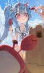  1girl absurdres bikini blue_archive blue_bikini blue_hair blue_halo blurry blurry_foreground camisole chise_(blue_archive) chise_(swimsuit)_(blue_archive) cloud commentary crab day flag flower gradient_horns hair_flower hair_ornament halo highres holding holding_flag holding_shovel horns long_hair multicolored_bikini multicolored_horns official_alternate_costume open_mouth outdoors pink_pupils red_eyes red_horns sailor_collar sand_castle sand_sculpture see-through_camisole see-through_clothes shovel side_ponytail skin-covered_horns solo striped_bikini striped_clothes swimsuit two-tone_bikini ubeuna white_bikini white_flower white_sailor_collar 