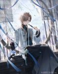  1boy alternate_hair_length_(longer) black_nails black_shirt black_skirt brown_eyes brown_hair commentary_request company_name copyright_notice hair_over_one_eye hand_fan holding holding_fan jacket jewelry kanae_(21st_costume)_(nijisanji) kanae_(nijisanji) male_focus mokoppe multiple_rings nijisanji official_alternate_costume official_alternate_hairstyle official_art open_clothes open_jacket ring round_eyewear sample_watermark shirt sitting skirt solo tassel virtual_youtuber watermark white_jacket 
