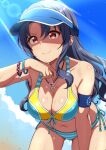  1girl absurdres bikini black_hair blue_bikini blue_sky blue_visor_cap breasts cleavage cloud commentary_request day front-tie_bikini_top front-tie_top highres idolmaster idolmaster_million_live! idolmaster_million_live!_theater_days large_breasts lens_flare light_rays long_hair mimiu_p mismatched_bikini outdoors red_eyes side-tie_bikini_bottom sky solo sports_bikini sunbeam sunlight swimsuit takayama_sayoko wiping_sweat 
