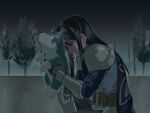  1boy animal armor baby_animal belt black_hair blue_cape brown_belt cape closed_eyes commentary_request crying dog highres holding holding_animal holding_dog knight long_hair official_alternate_costume omitatamio on_one_knee open_mouth oversized_belt puppy repede_(tales) repede_(young)_(tales) shoulder_armor tales_of_(series) tales_of_vesperia tales_of_vesperia:_the_first_strike yuri_lowell yuri_lowell_(light_fedrock_uniform) 