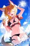  1girl :d ;d absurdres ahoge animal_ear_fluff animal_ears arm_up bikini black_bikini black_streaks blonde_hair blue_sky braid breasts cleavage cloud commentary criss-cross_halter double-parted_bangs english_commentary facial_mark floral_print floral_print_shirt food fox_ears fox_girl fox_tail hair_between_eyes hair_over_shoulder halterneck hand_up heart heart-shaped_pupils highres holding holding_food holding_ice_cream hololive ice_cream kio_is_here looking_at_viewer mark_under_eye medium_breasts medium_hair multicolored_hair navel ocean omaru_polka one_eye_closed open_mouth outdoors pink_streaks print_shirt purple_eyes red_shirt shirt short_sleeves side_braid sky smile solo stomach streaked_hair sun swimsuit symbol-shaped_pupils tail tied_shirt virtual_youtuber wading zain_(omaru_polka) 