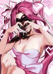  1girl 20_r1ri alien_stage bare_shoulders bow breasts cleavage dress dress_bow hair_bow heart highres knees_up large_breasts long_hair melting mizi_(alien_stage) multiple_hair_bows open_mouth pink_background pink_bow pink_dress pink_hair pixel_heart solo strapless strapless_dress twintails very_long_hair zombie_stage 