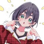  1girl bare_shoulders black_hair chestnut_mouth collarbone commentary fingers_to_cheeks green_eyes haraga_kurumi kimi_no_koto_ga_dai_dai_dai_dai_daisuki_na_100-nin_no_kanojo long_sleeves looking_at_viewer off-shoulder_shirt off_shoulder open_mouth puffy_long_sleeves puffy_sleeves shirt short_hair signature simple_background solo syuuka617 untranslatable_commentary watermark white_background 