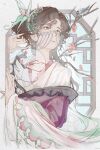  1girl bird branch brown_eyes brown_hair butterfly_hair_ornament chinese_clothes egyptian_plover face_chain flower hair_ornament hand_fan hands_up hanfu highres holding holding_fan lattice long_hair looking_up official_alternate_costume pink_flower purple_hanfu reverse:1999 solo tooth_fairy_(reverse:1999) ttehomase tuanshan upper_body wide_sleeves 