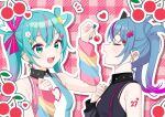  2girls :d aqua_hair arm_warmers armpit_crease bare_shoulders black_shirt blue_hair blue_shirt breasts cherry cleavage_cutout closed_eyes clothing_cutout commentary_request deco_miku deco_miku_(darkness) double-parted_bangs drop_shadow dual_persona feeding food fruit gingham_background gradient_hair green_eyes guest_art hair_between_eyes hair_ornament hatsune_miku heart heart_cutout heart_hair_ornament highres holding holding_food holding_fruit long_hair multicolored_hair multiple_girls open_mouth outline pink_background pink_streaks purple_hair shigure_ui shirt sleeveless sleeveless_shirt small_breasts smile star_(symbol) star_hair_ornament streaked_hair striped_arm_warmers twintails upper_body vocaloid white_outline 