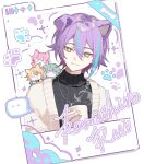  >_< 2boys 2girls :3 :d ^_^ animal_ears animal_hands asymmetrical_hair black_sweater blonde_hair blush_stickers bone cardigan cat_ears character_name chibi chibi_on_shoulder closed_eyes closed_mouth commentary cup dog_ears drink green_hair hair_between_eyes highres holding holding_cup holding_drink jewelry kamishiro_rui kusanagi_nene looking_at_another makka_potato male_focus multicolored_hair multiple_boys multiple_girls necklace official_alternate_costume ootori_emu open_mouth paw_print pink_hair project_sekai purple_eyes purple_hair rise_as_one!_(project_sekai) short_hair smile speech_bubble steam streaked_hair sweat sweater tenma_tsukasa upper_body wonderlands_x_showtime_(project_sekai) x3 xd yellow_eyes 