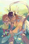  2girls angel angel_wings angewomon asymmetrical_clothes asymmetrical_legwear bandana bandana_around_neck bare_shoulders blonde_hair breasts brown_eyes brown_hair child cleavage covered_eyes dappled_sunlight digimon digimon_(creature) digimon_adventure elbow_gloves gloves hagoromo hands_up helmet helmet_over_eyes long_hair loose_socks multiple_girls on_ground open_mouth outdoors pink_bandana red_shoes shawl shirt shoes short_hair shorts single_bare_leg single_elbow_glove single_glove sitting sleeveless sleeveless_shirt socks sunlight talking whistle whistle_around_neck white_socks winged_gloves winged_helmet wings wrist_wings yagami_hikari yellow_shirt yoko.u 