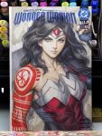  1girl absolute_dc absolute_wonder_woman armor black_hair blue_eyes breastplate closed_mouth collarbone commentary cover_sketch dc_comics english_commentary fingerless_gloves gloves highres holding holding_sword holding_weapon huge_weapon long_hair looking_at_viewer marker_(medium) photo_(medium) picture_frame red_tattoo signature sketch solo stanley_lau sword tattoo tattoo_sleeve tiara traditional_media weapon wonder_woman wonder_woman_(absolute_dc) 