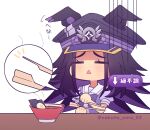  1girl absurdres animal_ears black_hair blush bow bowl bowtie broken_chopsticks chopsticks closed_eyes commentary_request ears_through_headwear egg fenomeno_(umamusume) flipped_hair food hat highres holding holding_chopsticks horse_ears horse_girl long_hair mood_(umamusume) multicolored_hair noodles open_mouth peaked_cap puffy_short_sleeves puffy_sleeves purple_bow purple_bowtie purple_hair purple_shirt ramen sailor_collar sailor_shirt school_uniform shirt short_sleeves simple_background solo summer_uniform tracen_school_uniform umamusume w3n6e white_background white_sailor_collar 
