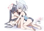  3girls absurdres all_fours animal_ear_fluff animal_ears bikini bikini_skirt black_bikini black_hair black_one-piece_swimsuit blue_archive blue_eyes breasts cat_ears cat_girl commentary_request competition_swimsuit cross_hair_ornament extra_ears grey_hair hair_ornament halo highres hoshino_(blue_archive) kyouwashi long_hair low_ponytail medium_breasts medium_hair mismatched_pupils multicolored_swimsuit multiple_girls off-shoulder_bikini off_shoulder official_alternate_costume one-piece_swimsuit ponytail red_eyes red_halo ruffle_bikini serika_(blue_archive) shiroko_(blue_archive) shiroko_(swimsuit)_(blue_archive) swimsuit white_background wolf_ears 