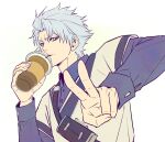  1boy absurdres aqua_hair bleach bleach:_sennen_kessen-hen blue_eyes blue_shirt casual coffee_mug collared_shirt commentary_request cup highres hitsugaya_toushirou hitsugaya_toushirou_(adult) holding holding_cup korean_commentary male_focus messy_hair mug n_(nauki_11) shirt sleeveless sleeveless_sweater solo spiked_hair sweater sweater_tucked_in v 
