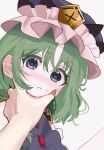  1girl 1other :< black_eyes black_hat blush closed_mouth commentary_request eik_s2 epaulettes frilled_hat frills green_hair hat highres meme pov_cheek_grabbing_(meme) shiki_eiki short_hair simple_background solo_focus sweatdrop touhou upper_body white_background 