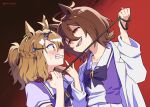  2girls agnes_tachyon_(umamusume) ahoge animal_ears blush bow bowtie braid breasts brown_hair clenched_teeth collar collarbone commentary_request earrings hair_between_eyes hair_ornament hairclip half_up_half_down_braid highres holding holding_leash horse_ears horse_girl jewelry jungle_pocket_(umamusume) korean_commentary lab_coat leash long_sleeves looking_at_another mazu1kan medium_hair multiple_girls notched_ear open_mouth pleated_skirt puffy_short_sleeves puffy_sleeves purple_bow purple_bowtie purple_shirt red_collar red_eyes sailor_collar sailor_shirt school_uniform shirt short_sleeves single_earring skirt smile summer_uniform sweatdrop teeth tracen_school_uniform umamusume white_sailor_collar white_skirt yellow_eyes 