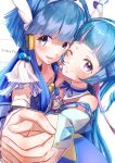  2girls absurdres aokaze_nana aoki_reika bare_shoulders blue_eyes blue_hair blue_theme blush breasts closed_mouth collarbone commentary_request cure_beauty cure_wink dress headphones highres hime_cut holding_hands idol idol_clothes idol_heart_brooch_(precure) idol_heart_incom kimi_to_idol_precure kisaragi_yayoi_(ksrg_yayoi) long_hair looking_at_viewer multicolored_hair multiple_girls odaibako open_mouth plaid_clothes plaid_ribbon plaid_sleeves precure purple_eyes purple_hair request_inset ribbon short_sleeves small_breasts smile smile_precure! strapless strapless_dress upper_body very_long_hair 