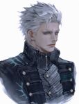  1boy black_coat black_shirt blue_eyes closed_mouth coat collared_coat commentary_request cropped_shoulders devil_may_cry_(series) devil_may_cry_5 funpjinju grey_hair hair_slicked_back high_collar korean_commentary lapels male_focus portrait shirt short_hair short_sideburns sideburns simple_background solo vergil_(devil_may_cry) white_background zipper 