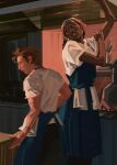  1boy 1girl apron arm_tattoo blue_apron brown_hair carmy_berzatto commentary dark-skinned_female dark_skin hand_tattoo headscarf highres indoors kitchen multiple_tattoos shirt sunnnliwx sydney_adamu tattoo the_bear untranslatable_commentary white_shirt 