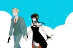  1boy 1girl abstract_background bare_arms bare_shoulders black_dress black_gloves black_hair black_thighhighs blonde_hair blue_background breasts buttons cleavage closed_eyes collarbone collared_shirt commentary couple dagger dress english_commentary facing_to_the_side fingerless_gloves gloves gold_hairband green_pants green_suit green_vest gun hair_between_eyes hairband halter_dress halterneck highres holding holding_gun holding_hands holding_weapon knife large_breasts long_hair long_sleeves necktie pants parted_bangs parted_lips red_necktie shirt short_dress short_hair sidelocks sleeveless sleeveless_dress smile spiked_hair spy_x_family stiletto_(weapon) suit t_riangle thighhighs thighs twilight_(spy_x_family) two-tone_background upper_body vest walking weapon white_background white_shirt yellow_hairband yor_briar zettai_ryouiki 