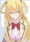  1girl arihara_nanami black_scrunchie blonde_hair blurry blurry_background blush bow bowtie breasts cardigan cardigan_under_jacket closed_eyes collared_shirt commentary_request cowboy_shot dress_shirt eyes_visible_through_hair facing_viewer hair_between_eyes hair_ornament hair_scrunchie highres jacket kikka_academy_school_uniform kissing_viewer large_breasts leaning_forward long_hair long_sleeves open_clothes open_jacket parted_lips purple_cardigan red_bow red_bowtie riddle_joker school_uniform scrunchie shirt sidelocks simple_background solo suit_jacket tsue_(surutsue) two_side_up very_long_hair white_shirt yellow_jacket 