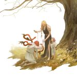 1boy 2girls animal_on_shoulder bare_shoulders barefoot black_dress blonde_hair bottle braid circlet commentary curtained_hair dress elden_ring elden_ring:_shadow_of_the_erdtree english_commentary flower full_body gameplay_mechanics gold_circlet gold_trim grass greiilock hair_over_eyes hand_in_another's_hair highres holding holding_bottle hug kneeling long_hair medium_hair melina_(elden_ring) messmer_the_impaler mother_and_child mother_and_daughter mother_and_son multiple_girls one_eye_closed parent_and_child pink_hair pouring_onto_another queen_marika_the_eternal reaching reaching_towards_another red_hair red_snake single_braid sleeveless sleeveless_dress sleeveless_tunic snake snake_on_shoulder snake_wrapped_around_body standing tree white_background 