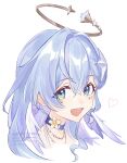 1girl :d blue_hair choker commentary flower gem green_eyes hair_between_eyes hair_intakes hair_ornament halo head_wings highres honkai:_star_rail honkai_(series) jewel_under_eye jewelry long_hair looking_at_viewer necklace open_mouth pearl robin_(honkai:_star_rail) robin_(summeretto)_(honkai:_star_rail) smile solo sparkling_eyes starfish_hair_ornament untranslatable_commentary wayupata white_background wings 