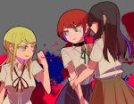  3girls black_collar black_hair black_skirt blonde_hair brown_skirt collar collared_shirt commentary_request danganronpa_(series) danganronpa_2:_goodbye_despair eyelashes freckles green_eyes green_ribbon grey_background hand_on_another's_arm holding holding_leash hope's_peak_academy_school_uniform koizumi_mahiru kuzuryu_natsumi leash long_hair multiple_girls neck_ribbon open_mouth red_hair red_ribbon ribbon sato_(danganronpa) school_uniform shinshishinc shirt skirt splatter_background string string_of_fate sweatdrop white_shirt 