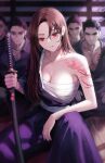  1girl 4boys absurdres arm_tattoo breasts brown_hair chest_sarashi cleavage collarbone dougi gongha hair_over_one_eye hakama highres holding holding_sword holding_weapon japanese_clothes katana kimono long_hair looking_at_viewer medium_breasts multiple_boys obi open_clothes open_kimono original purple_dougi purple_hakama purple_kimono red_eyes sarashi sash scar seiza short_hair shoulder_tattoo sitting solo straight_hair sword tattoo weapon yakuza 