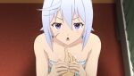  1boy 1girl anime_coloring bandeau blue_bandeau blue_shorts breasts chris_(konosuba) collarbone curtains diamond_earrings earrings frilled_bandeau frilled_shorts frills from_above game_asset grey_hair guiding_hand highres indoors jewelry jitome kneeling kono_subarashii_sekai_ni_shukufuku_wo! kono_subarashii_sekai_ni_shukufuku_wo!_kono_yokubukai_game_ni_shinpan_o! looking_at_viewer looking_up non-web_source official_art open_mouth pov purple_eyes scar scar_on_cheek scar_on_face self-datamine short_hair shorts side_ahoge sleepwear small_breasts solo_focus triangle_mouth upper_body upwards_triangle_mouth v-shaped_eyebrows variant_set 