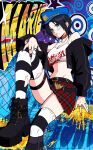  1girl absurdres black_boots black_hair blue_hat boots breasts choker cleavage commentary_request earrings elbow_gloves fingerless_gloves gloves green_eyes hat highres jacket jacket_partially_removed jewelry marie_(persona_4) may_(may_lee8) midriff multiple_earrings multiple_rings navel off_shoulder persona persona_4 persona_4_revival persona_4_the_golden plaid_clothes plaid_skirt ring short_hair skirt striped_clothes striped_gloves striped_thighhighs tank_top thighhighs torn_clothes 