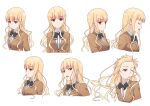  1girl anime_coloring bad_link black_bow black_bowtie blazer blonde_hair blunt_bangs bow bowtie breasts brown_jacket buttons collared_shirt cropped_torso floating_hair highres jacket koizumi_(ramen_daisuki_koizumi-san) lapels long_hair long_sidelocks long_sleeves looking_at_viewer looking_to_the_side medium_breasts multiple_expressions multiple_views notched_lapels official_art one_eye_closed ramen_daisuki_koizumi-san red_eyes reference_sheet school_uniform shirt sidelocks sideways_glance simple_background turning_head wavy_hair white_background white_shirt winter_uniform 