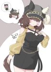  1girl absurdres animal_ears bare_shoulders black_dress blush breasts brown_hair closed_mouth commentary_request dress ear_covers ears_through_headwear hair_between_eyes hand_puppet hanetsuki_777 hat highres horse_ears horse_girl large_breasts looking_at_viewer marche_lorraine_(gold-triumph)_(umamusume) marche_lorraine_(umamusume) mismatched_ear_covers official_alternate_costume open_mouth puppet purple_eyes shrug_(clothing) speech_bubble thought_bubble umamusume yellow_shrug yellow_sleeves 