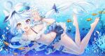  1girl ahoge air_bubble alternate_costume barefoot bikini bikini_skirt blue_eyes blue_gem blue_hair blue_pupils bracelet breasts bubble clownfish collarbone commentary drop-shaped_pupils english_commentary fish full_body furina_(genshin_impact) gem genshin_impact goggles goggles_on_head hair_between_eyes hands_up heterochromia highres jewelry juna long_hair looking_at_viewer multicolored_bikini multicolored_hair navel one-piece_swimsuit open_mouth small_breasts solo streaked_hair swimsuit symbol-shaped_pupils teeth two-tone_bikini underwear upper_teeth_only very_long_hair wavy_hair white_hair white_one-piece_swimsuit 