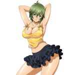  1girl antenna_hair armpits arms_behind_head black_skirt blue_eyes breasts cleavage closed_mouth collarbone contrapposto cowboy_shot game_asset green_hair hair_between_eyes ikkitousen ikkitousen_extra_burst kyocho_chuukou_(ikkitousen) large_breasts looking_at_viewer navel non-web_source official_art self-datamine short_hair simple_background skirt sleeveless smile solo spaghetti_strap striped_tank_top tank_top transparent_background yellow_tank_top 