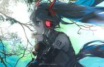  1girl backlighting black_sleeves branch character_name collared_shirt detached_sleeves floating_hair from_side glowing_headgear green_hair green_trim grey_nails grey_shirt hair_between_eyes hanaseto hatsune_miku head_on_hand highres outdoors shirt sleeveless sleeveless_shirt solo twintails upper_body vocaloid 