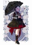  1girl absurdres artist_name ascot black_boots black_flower black_rose black_umbrella boots border breasts cleavage closed_mouth commentary earrings fang fingernails floral_background flower frilled_skirt frills full_body genderswap genderswap_(mtf) grey_hair high_heel_boots high_heels highres holding holding_umbrella jewelry lace-up_boots large_breasts layered_skirt long_fingernails long_hair long_sleeves looking_at_viewer nail_polish nijisanji parasol pointy_ears red_ascot red_eyes red_nails rose sanya_(1st_costume)_(nijisanji) sanya_(nijisanji) skin_fang skirt solo stud_earrings tsubaki_(vv_owo_vk) twitter_username umbrella untranslatable_commentary vampire virtual_youtuber watermark white_border 