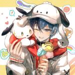  ! 1boy absurdres animal_ears aoyagi_touya banana blue_eyes blue_hair commentary crossover drawstring fake_animal_ears fingernails food fruit hair_between_eyes hands_up hat heart highres holding holding_ice_cream_cone hood hood_down hoodie ice_cream ice_cream_cone layered_clothes long_sleeves looking_at_another male_focus mole mole_under_eye moneko_(kvme3754) multicolored_hair musical_note official_alternate_costume one_eye_closed open_mouth pochacco project_sekai red_hoodie sanrio short_hair skateboard smile split-color_hair teeth two-tone_hair upper_body upper_teeth_only 